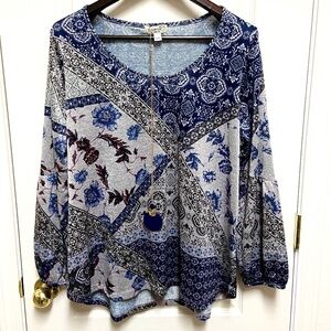 Oneworld Blue Patchwork Boho Peasant Top XL Floral Paisley Long Sleeve